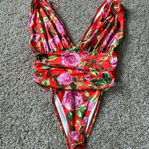 Zara Womens Floral Deep V-Neck Stretch Body Suit Size Medium Vacation Tropical